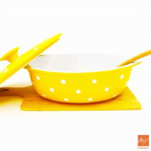 Polka dots printed yellow color oval covered ceramic stoneware casserole