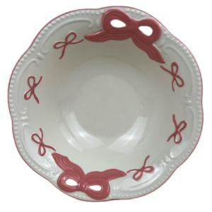 Korean Style Lovely Hand-Painted Ceramic Lace Bowl with Embossed Bowknot, Creative Breakfast Dessert Deep Plate for Housewarming Gift