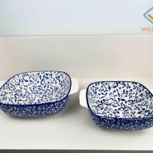 Japanese pad printing Ceramic Porcelain Vintage Blue Square Pasta Baking Ware Bakeware With Handle